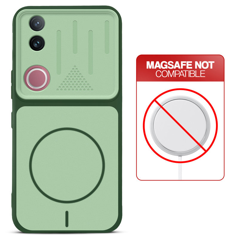 Green back cover for Vivo V50 5G with printed ring pattern and message showing not compatible with MagSafe charging.