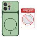 Green back cover for Vivo V70 Elite 5G with printed ring pattern and message showing not compatible with MagSafe charging.