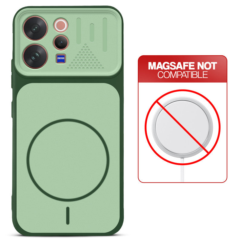 Green back cover for Vivo V70 Elite 5G with printed ring pattern and message showing not compatible with MagSafe charging.