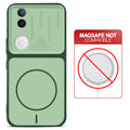 Green back cover for iQOO Z10R 5G with printed ring pattern and message showing not compatible with MagSafe charging.