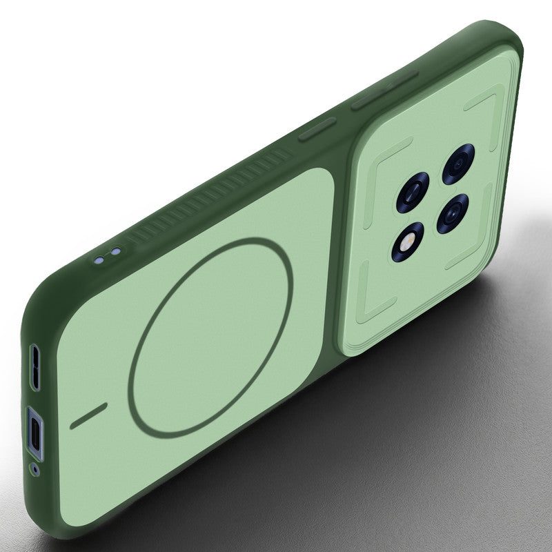 Angled view of Green mobile case for Oppo F31 Pro Plus 5G with proper charging port cutout, speaker holes and strong corner protection.
