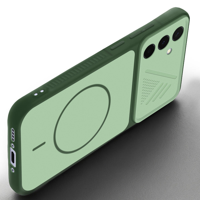 Angled view of Green mobile case for Samsung A36 5G with proper charging port cutout, speaker holes and strong corner protection.