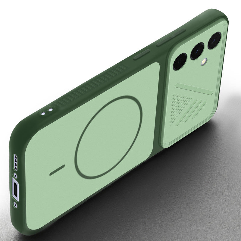 Angled view of Green mobile case for Samsung A56 5G with proper charging port cutout, speaker holes and strong corner protection.