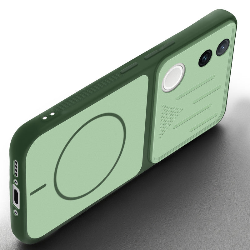 Angled view of Green mobile case for Vivo T4R 5G with proper charging port cutout, speaker holes and strong corner protection.