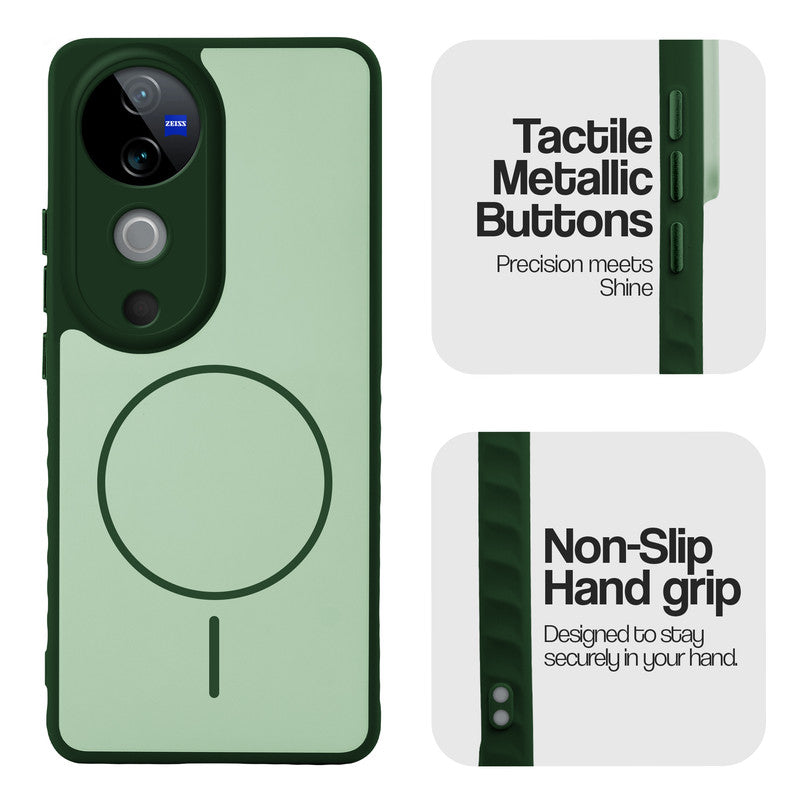 Matte Silicone Dual Color Back Cover with Metal Buttons & Ring Design for Vivo V40 5G