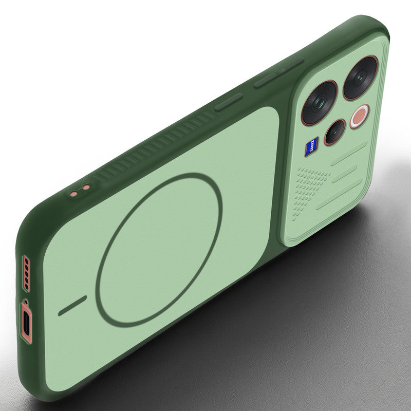Angled view of Green mobile case for Vivo V70 Elite 5G with proper charging port cutout, speaker holes and strong corner protection.