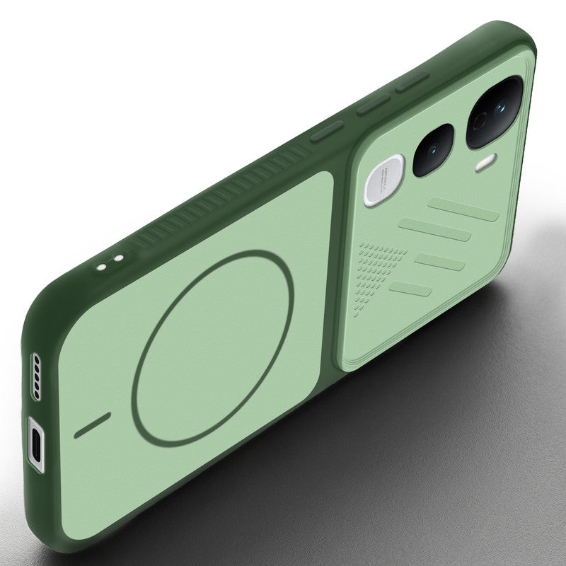 Angled view of Green mobile case for Vivo Y400 Pro 5G with proper charging port cutout, speaker holes and strong corner protection.