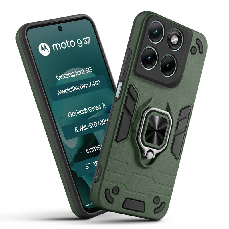 Front and back view of Motorola G37 5G fitted with a protective case and ring grip