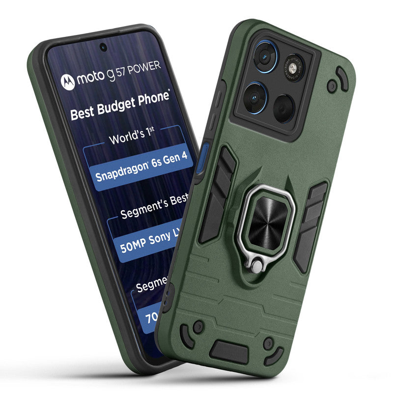 Front and back view of Motorola G57 Power 5G fitted with a protective case and ring grip