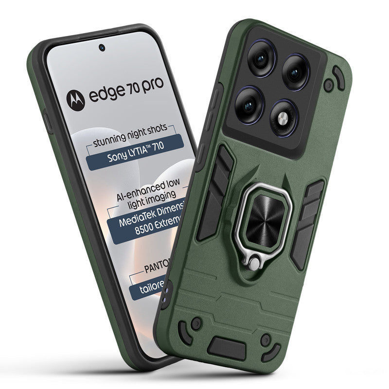 Front and back view of Motorola Moto Edge 70 Pro 5G fitted with a protective case and ring grip
