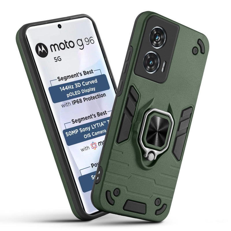 Front and back view of Motorola Moto G96 5G fitted with a protective case and ring grip