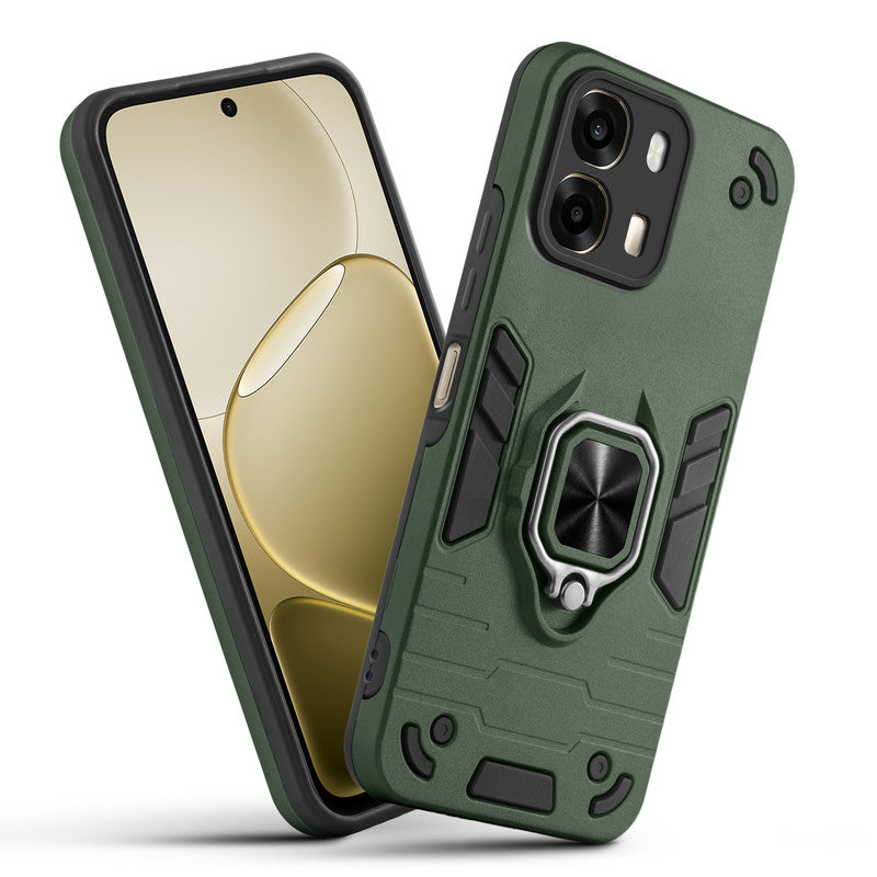 Front and back view of Oppo A6 Pro 5G fitted with a protective case and ring grip