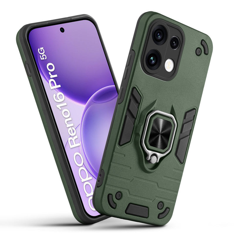 Front and back view of Oppo Reno 16 Pro 5G fitted with a protective case and ring grip
