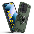 Front and back view of Poco C85 5G fitted with a protective case and ring grip