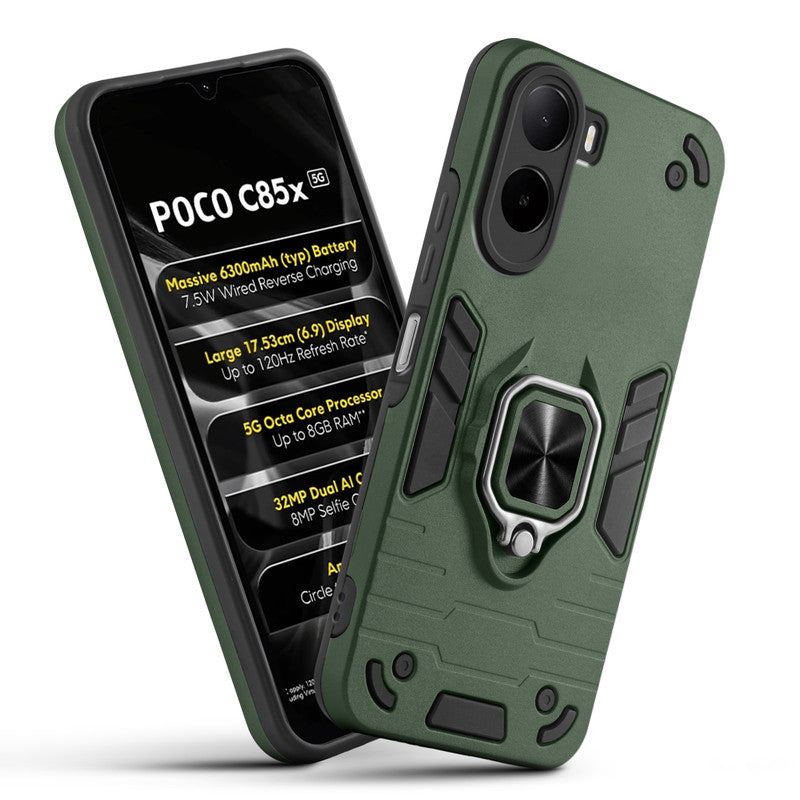 Front and back view of Poco C85x 5G fitted with a protective case and ring grip