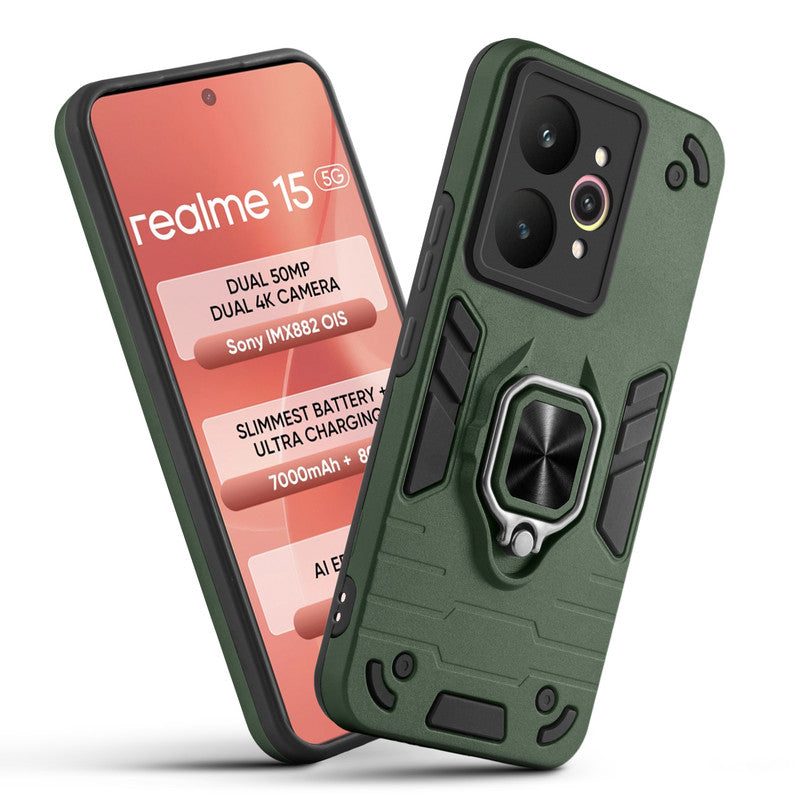 Front and back view of Realme 15 5G fitted with a protective case and ring grip