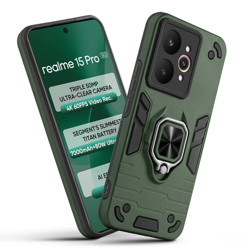 Front and back view of Realme 15 Pro 5G fitted with a protective case and ring grip