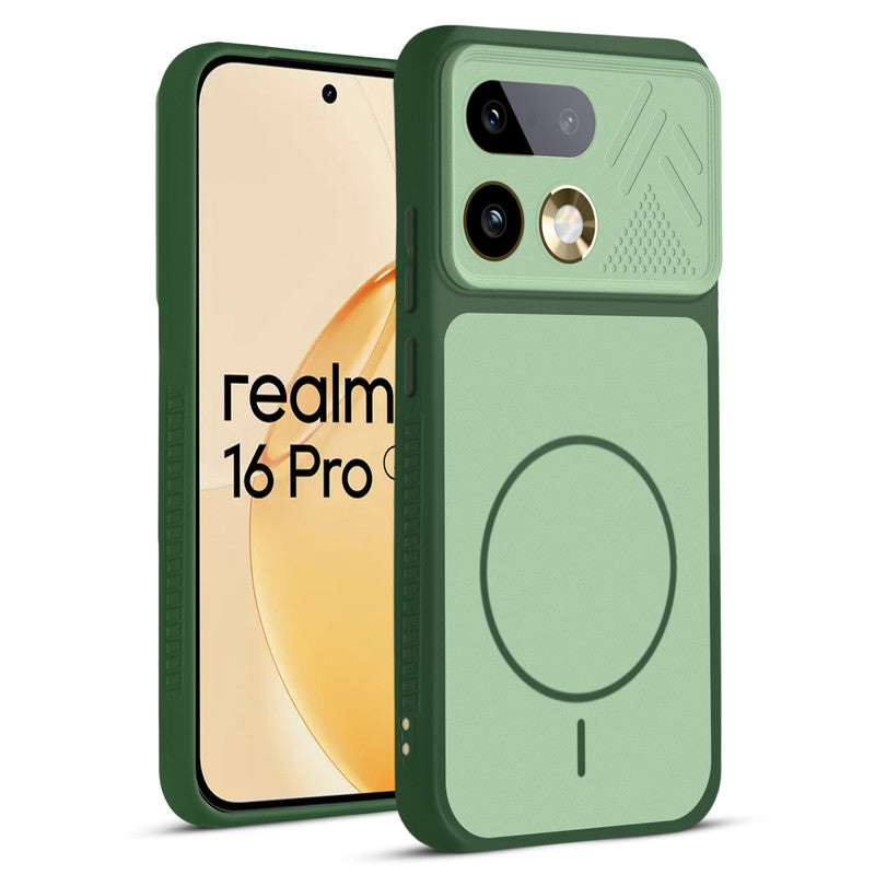 Front and back view of Green protective back cover for Realme 16 Pro 5G with textured sides, camera guard and slim fit design.