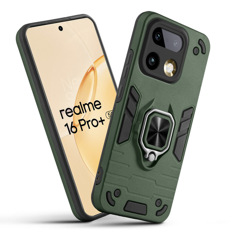 Front and back view of Realme 16 Pro Plus 5G fitted with a protective case and ring grip
