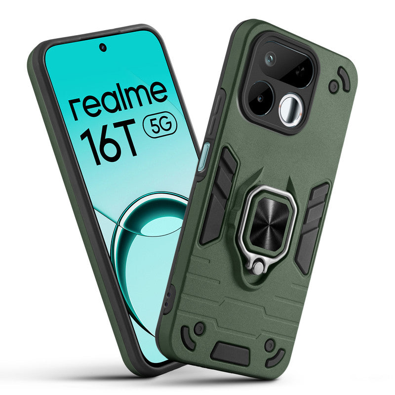 Front and back view of Realme 16T 5G fitted with a protective case and ring grip