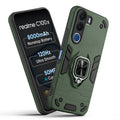 Front and back view of Realme C100x 5G fitted with a protective case and ring grip