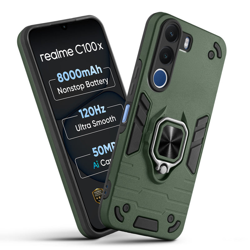 Front and back view of Realme C100x 5G fitted with a protective case and ring grip