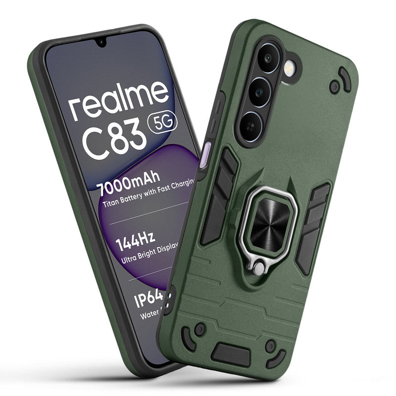 Front and back view of Realme C83 5G fitted with a protective case and ring grip