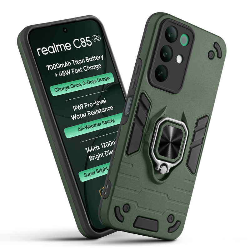 Front and back view of Realme C85 5G fitted with a protective case and ring grip