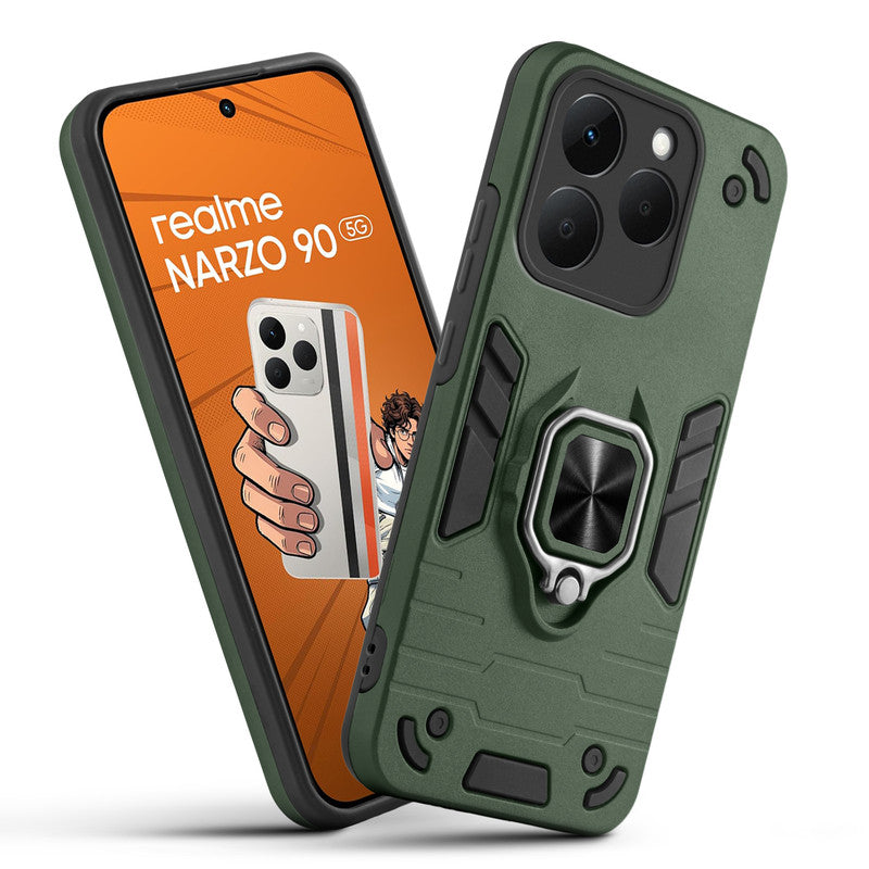 Front and back view of Realme Narzo 90 5G fitted with a protective case and ring grip
