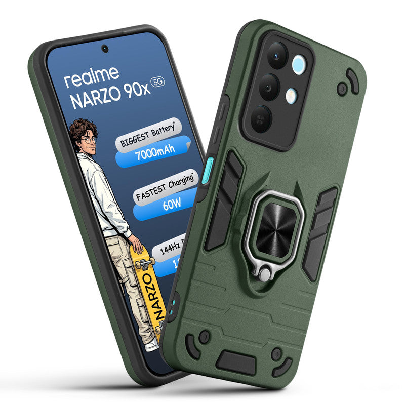 Front and back view of Realme Narzo 90x 5G fitted with a protective case and ring grip