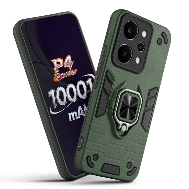 Front and back view of Realme P4 Power 5G fitted with a protective case and ring grip