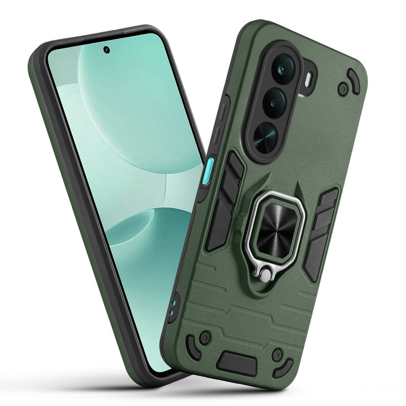 Front and back view of Realme P4x 5G fitted with a protective case and ring grip