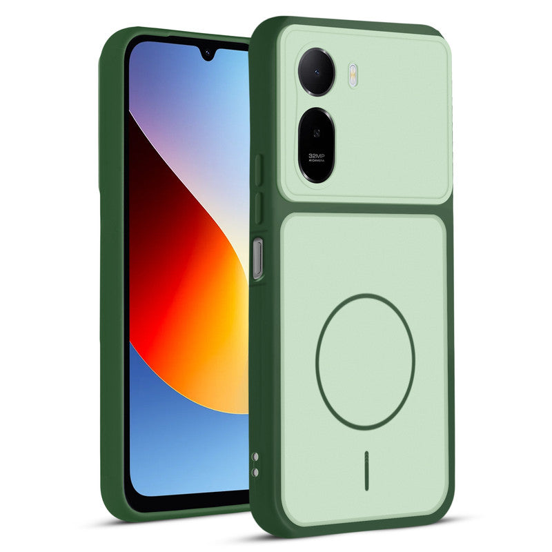 Front and back view of Green protective back cover for Redmi A7 Pro 5G with textured sides, camera guard and slim fit design.