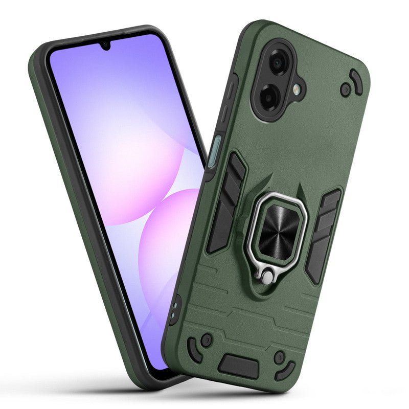 Front and back view of Samsung A07 5G fitted with a protective case and ring grip