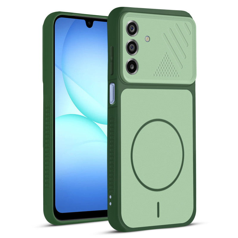 Front and back view of Green protective back cover for Samsung A17 5G with textured sides, camera guard and slim fit design.