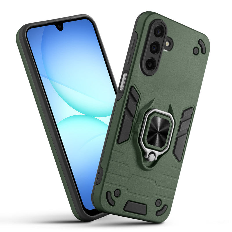 Front and back view of Samsung A17 5G fitted with a protective case and ring grip