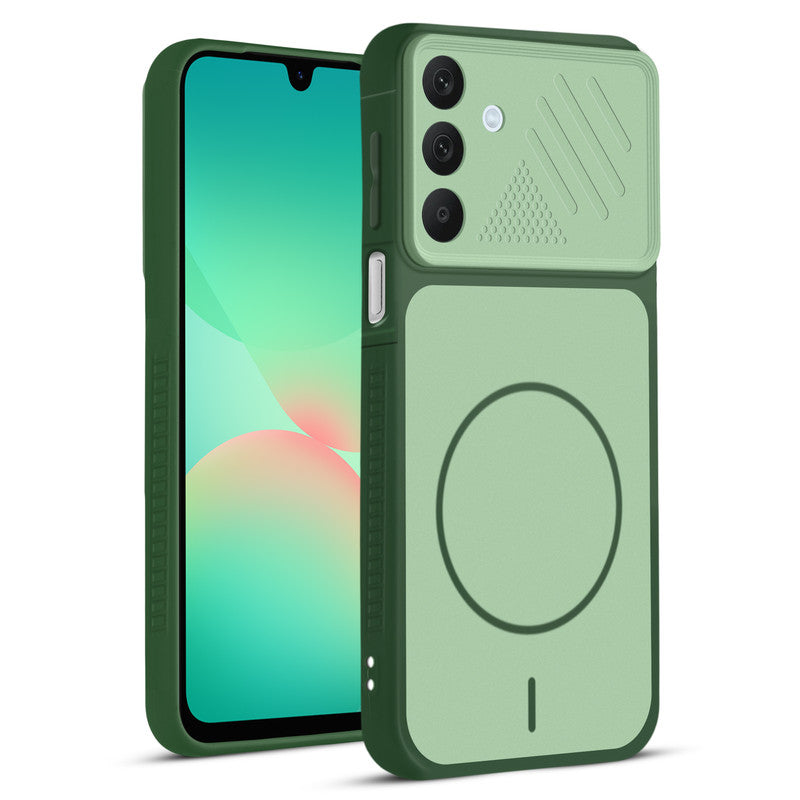 Front and back view of Green protective back cover for Samsung A26 5G with textured sides, camera guard and slim fit design.