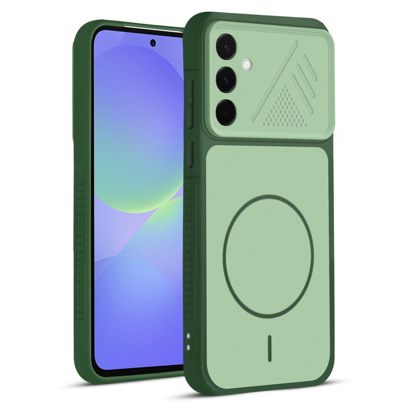 Front and back view of Green protective back cover for Samsung A36 5G with textured sides, camera guard and slim fit design.