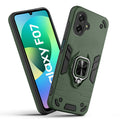 Front and back view of Samsung F07 fitted with a protective case and ring grip