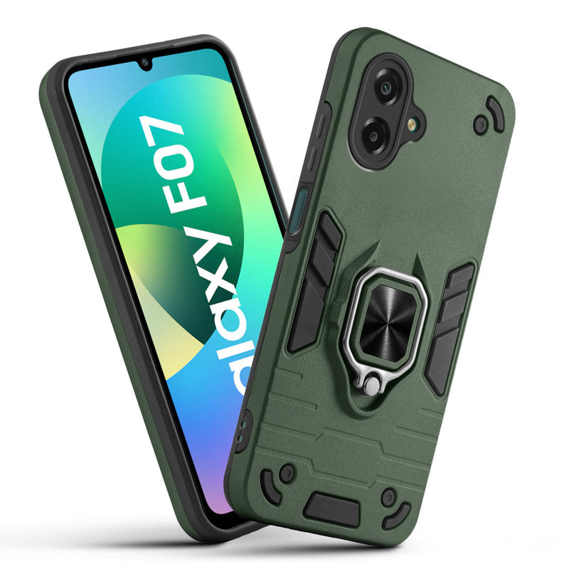 Front and back view of Samsung F07 fitted with a protective case and ring grip