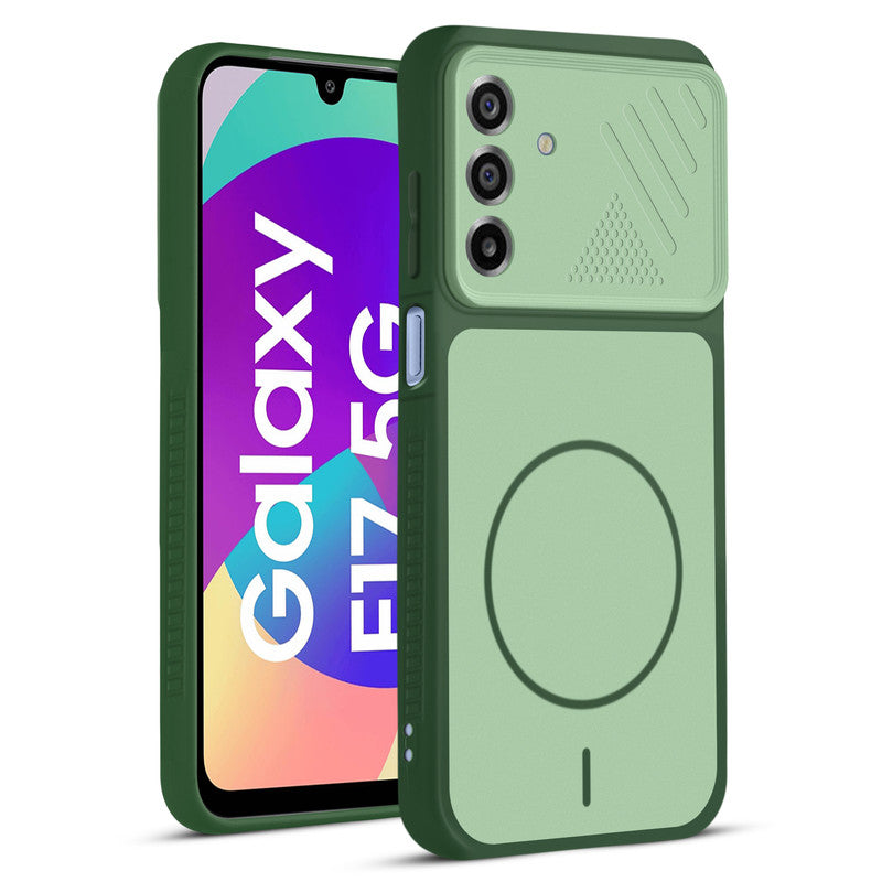 Front and back view of Green protective back cover for Samsung F17 5G  with textured sides, camera guard and slim fit design.