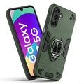 Front and back view of Samsung F17 5G fitted with a protective case and ring grip