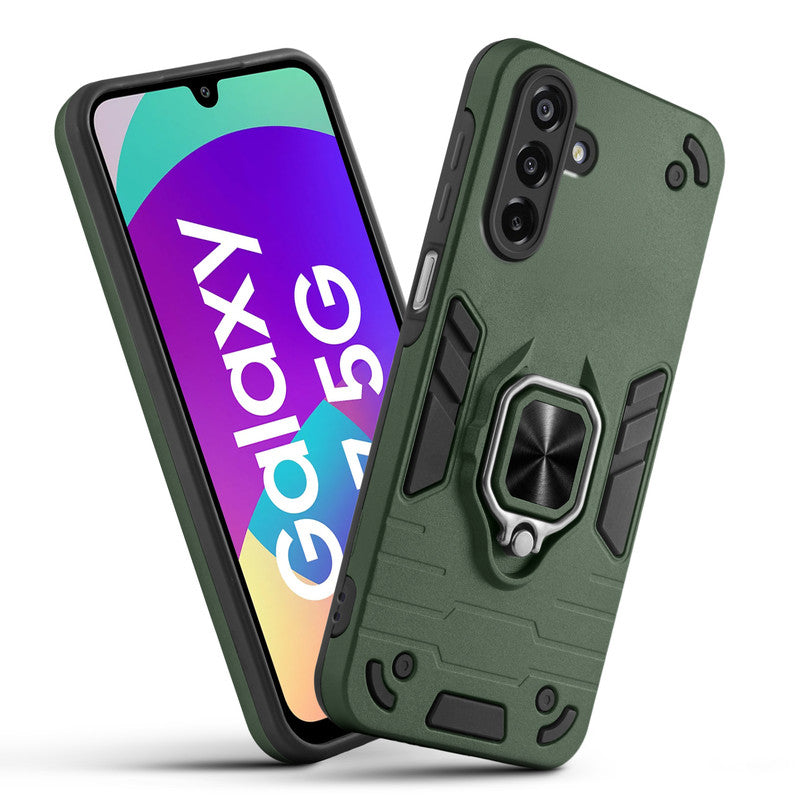 Front and back view of Samsung F17 5G fitted with a protective case and ring grip