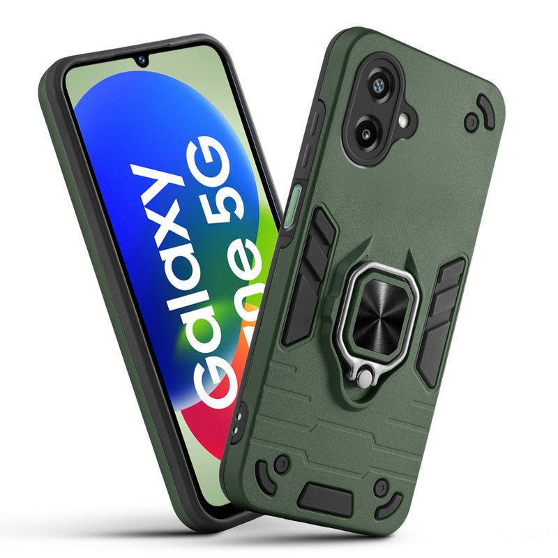 Front and back view of Samsung F70e 5G fitted with a protective case and ring grip