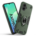 Front and back view of Samsung M07 fitted with a protective case and ring grip
