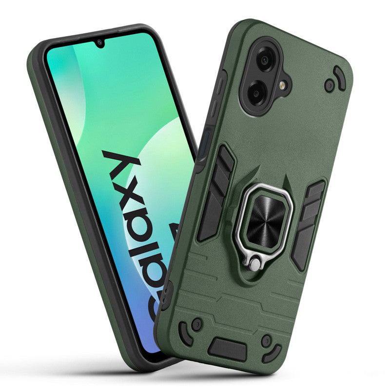 Front and back view of Samsung M07 fitted with a protective case and ring grip