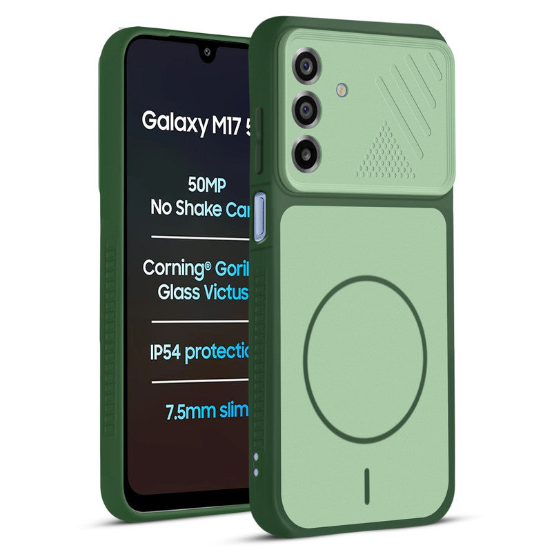Front and back view of Green protective back cover forSamsung M17 5G with textured sides, camera guard and slim fit design.
