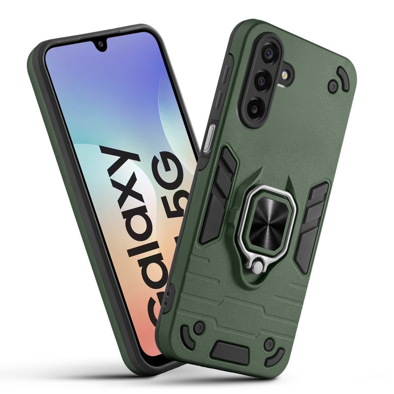 Front and back view of Samsung M17 5G fitted with a protective case and ring grip