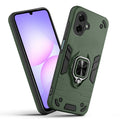Front and back view of Samsung M17e 5G fitted with a protective case and ring grip