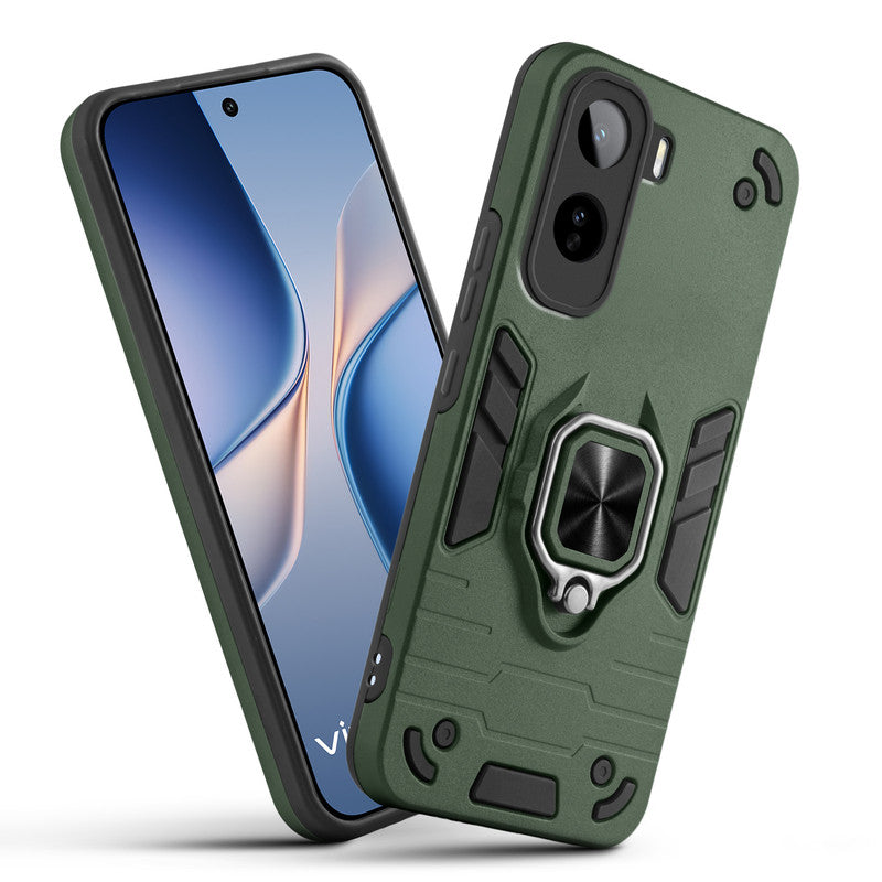 Front and back view of Vivo T5 Pro 5G fitted with a protective case and ring grip